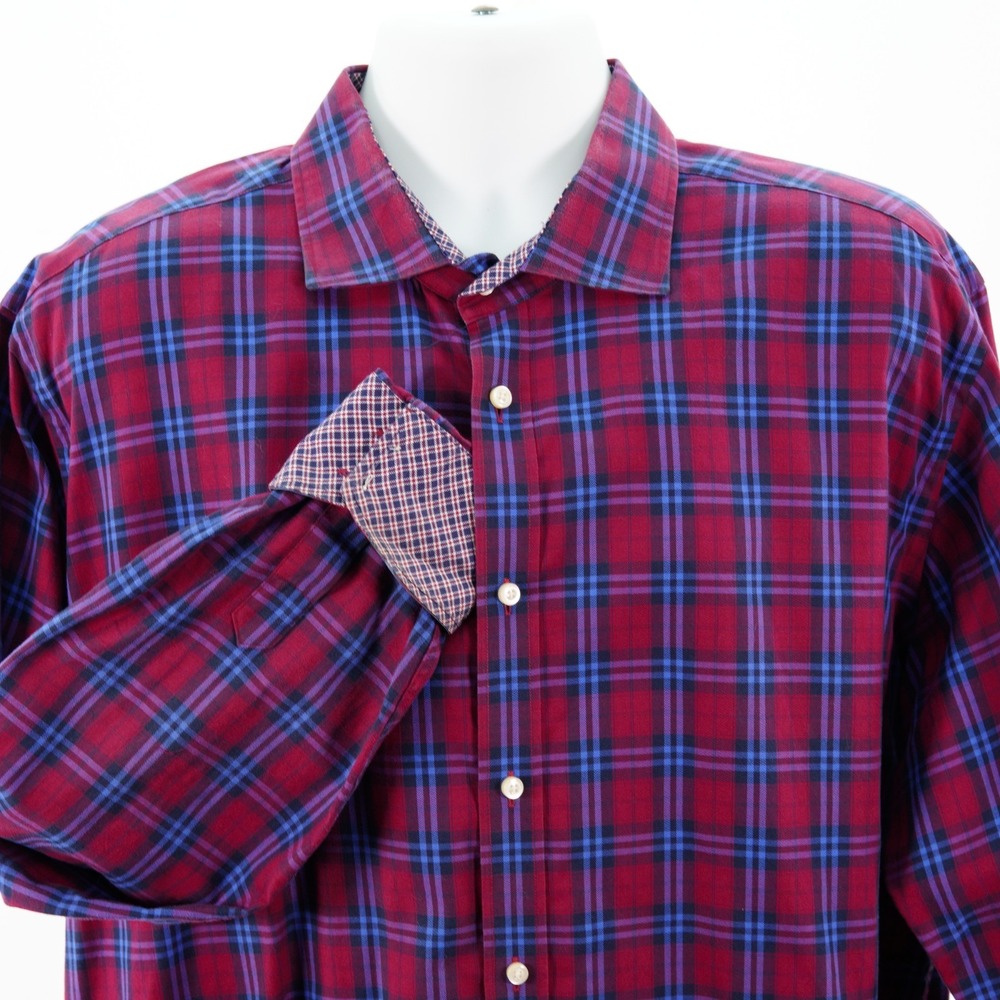 Thomas Dean Men's 2XL Blue Red Plaid Flip Cuff Collared Dress Shirt Cotton